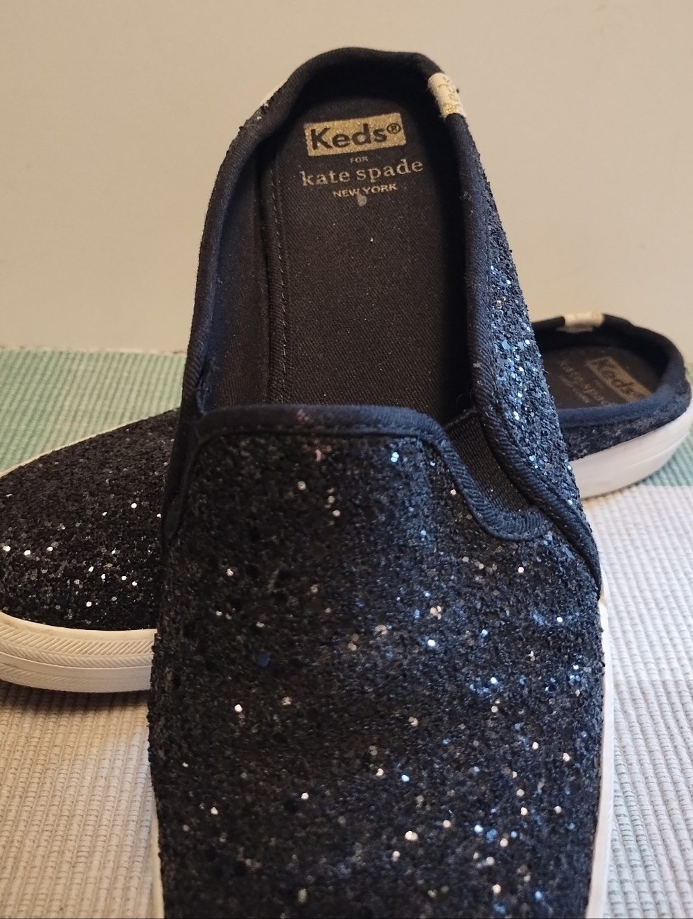 Kate Spade Black Glitter Slip-On Sneakers